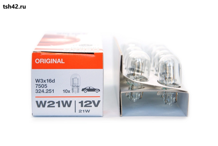 Лампа OSRAM W21W W3x16D 12V стеклянный цоколь 